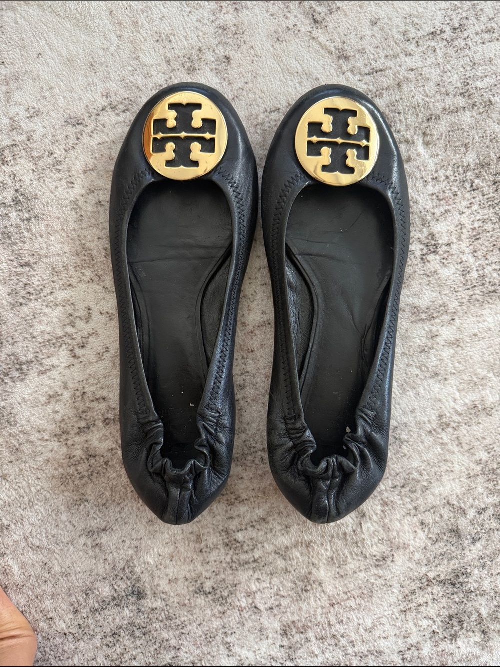 Tory Burch Black Leather Logo Ballet Flats with Gold Medallions